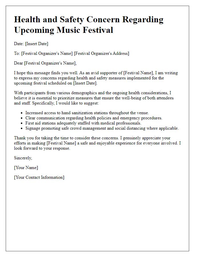 Letter template of music festival health and safety concern