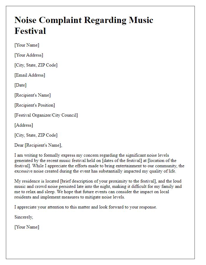 Letter template of music festival noise complaint