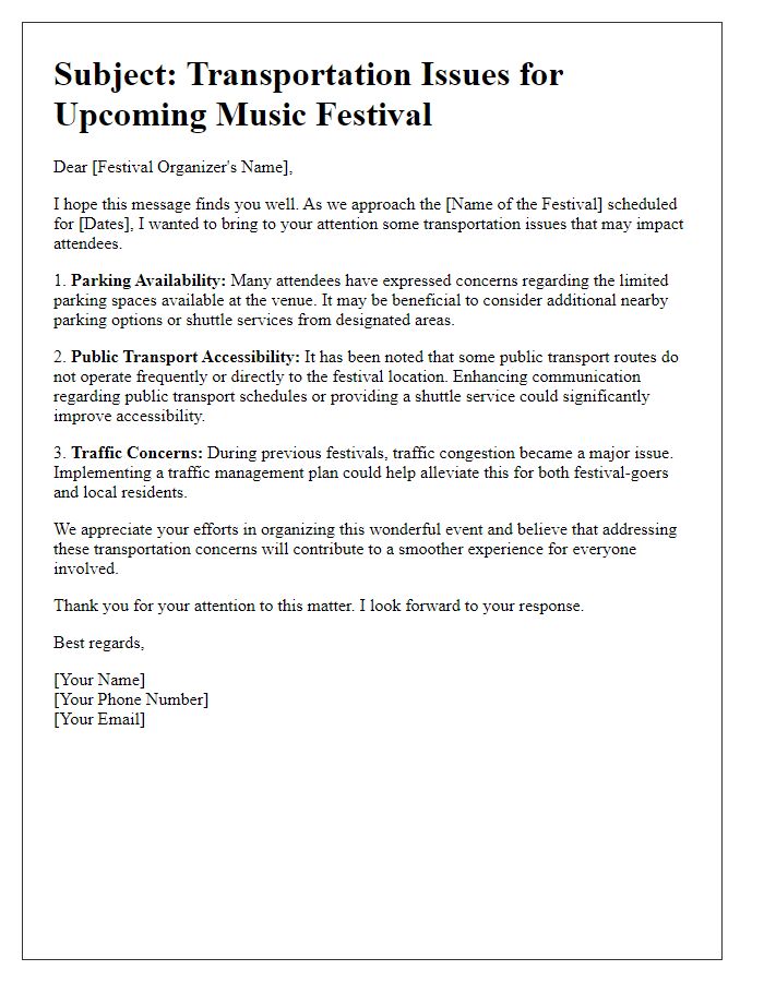 Letter template of music festival transportation issues