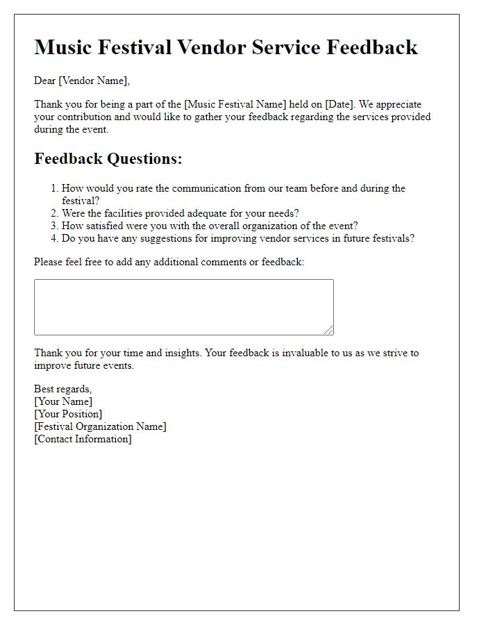 Letter template of music festival vendor service feedback