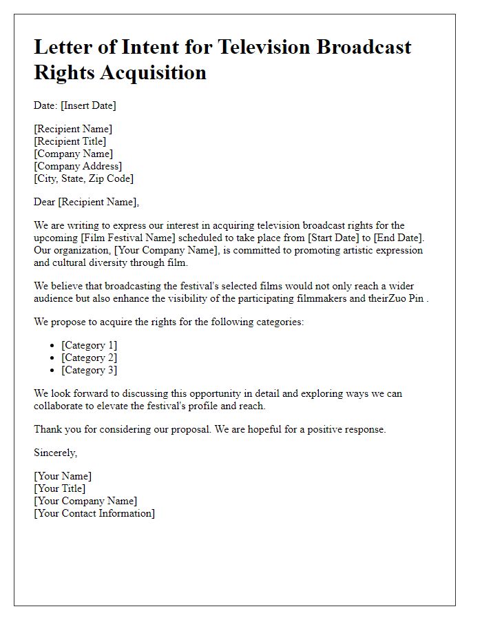 Letter template of television broadcast rights acquisition for film festivals