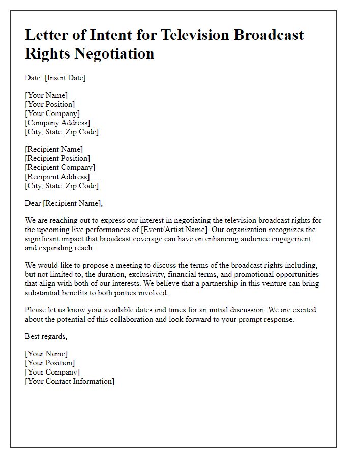 Letter template of television broadcast rights negotiation for live performances