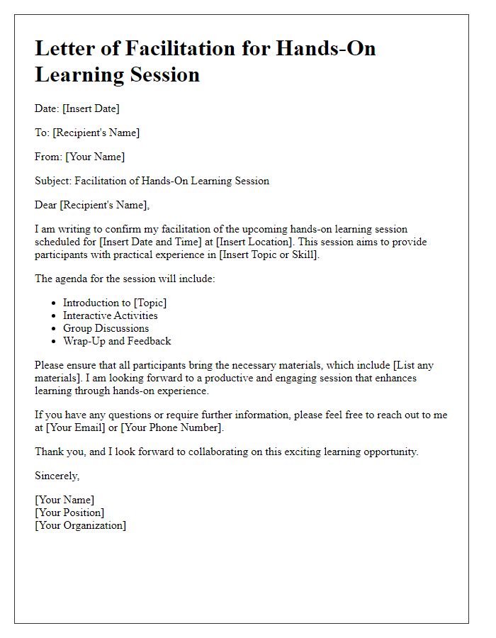 Letter template of hands-on learning session facilitation