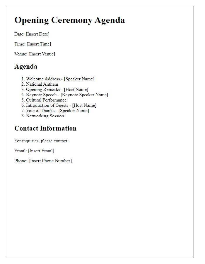 Letter template of agenda for event opening ceremony