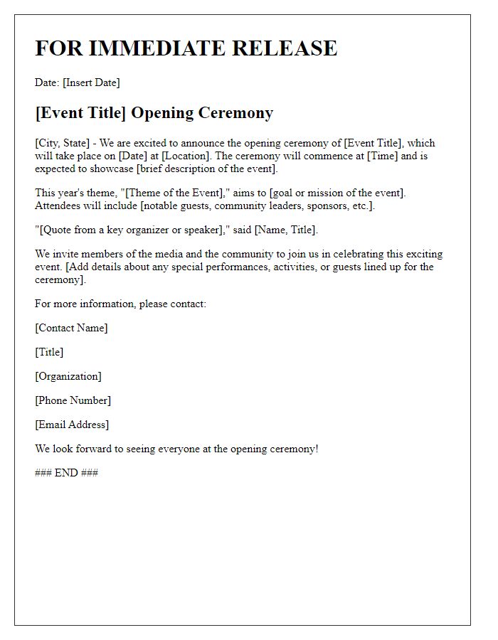 Letter template of media release for event opening ceremony