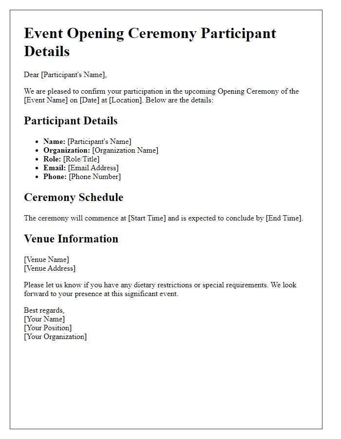 Letter template of participant details for event opening ceremony