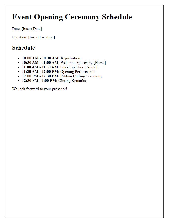 Letter template of schedule for event opening ceremony