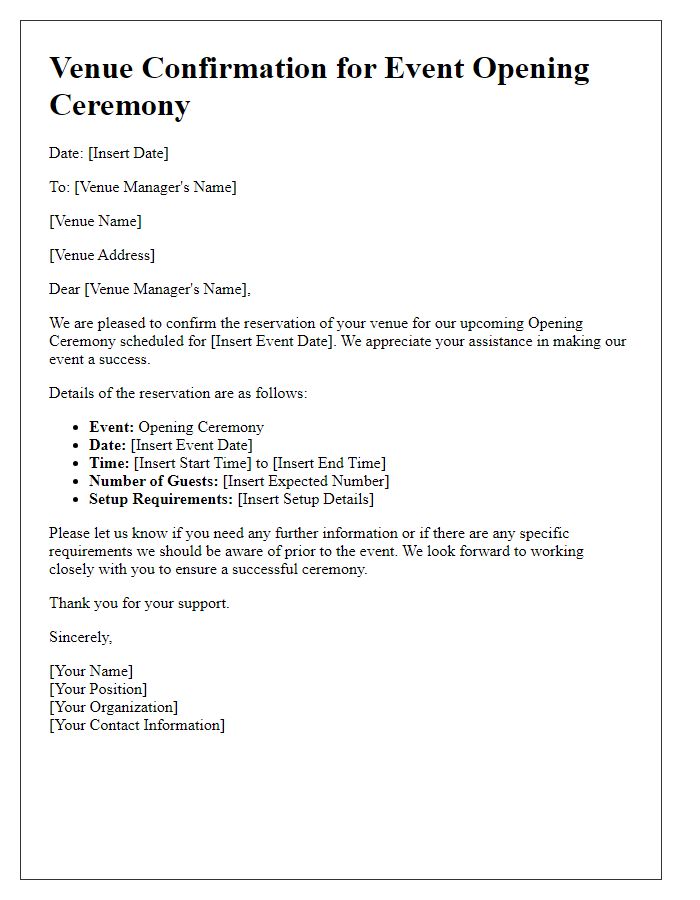 Letter template of venue confirmation for event opening ceremony