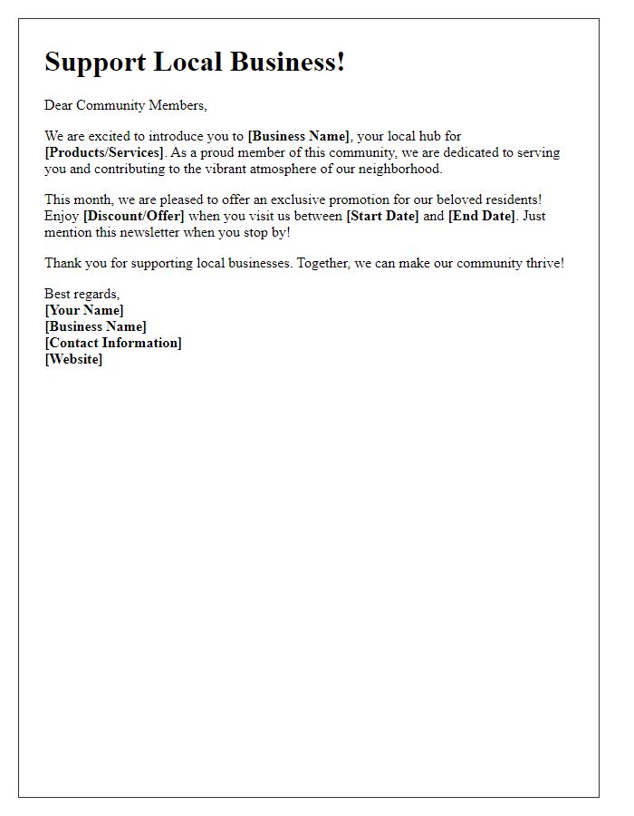 Letter template of local business promotion in community newsletters