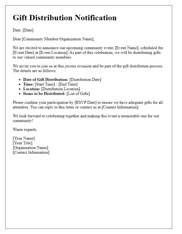 Letter template of gift distribution for community event planning