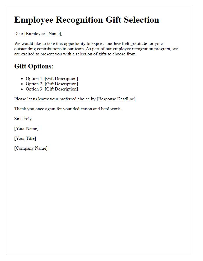 Letter template of gift selection for employee recognition programs