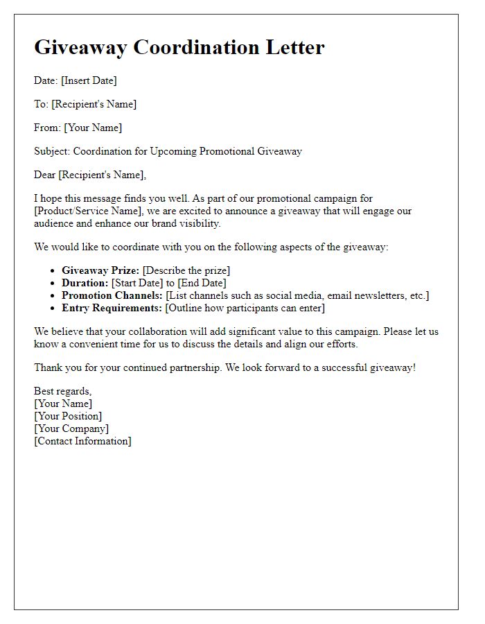 Letter template of giveaway coordination for promotional campaigns