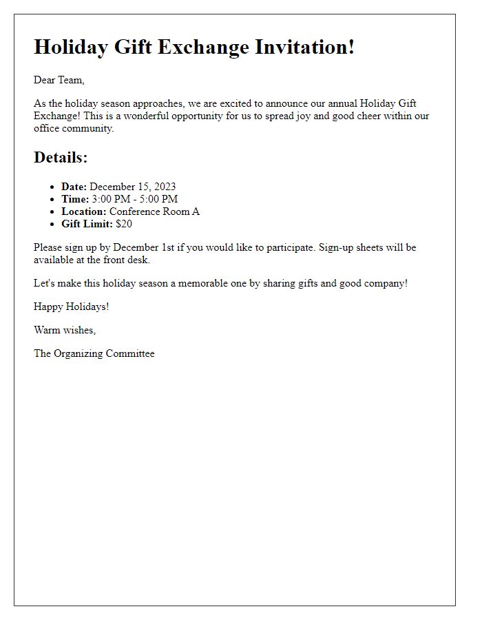 Letter template of holiday gift exchange organization for office parties