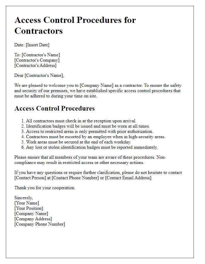 Letter template of access control procedures for contractors