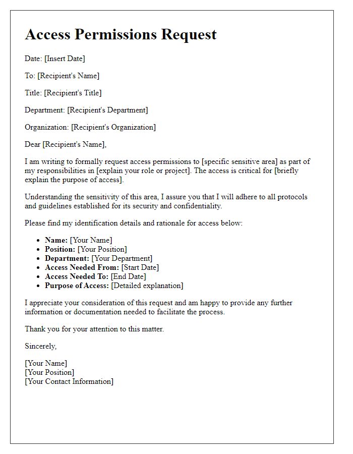 Letter template of access permissions request for sensitive areas