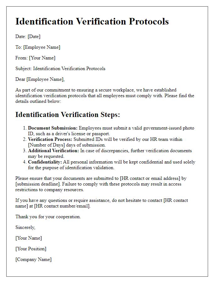 Letter template of identification verification protocols for employees