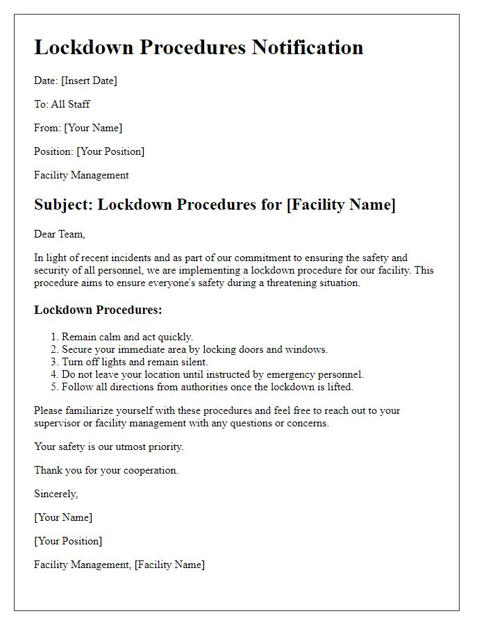 Letter template of lockdown procedures for facility management