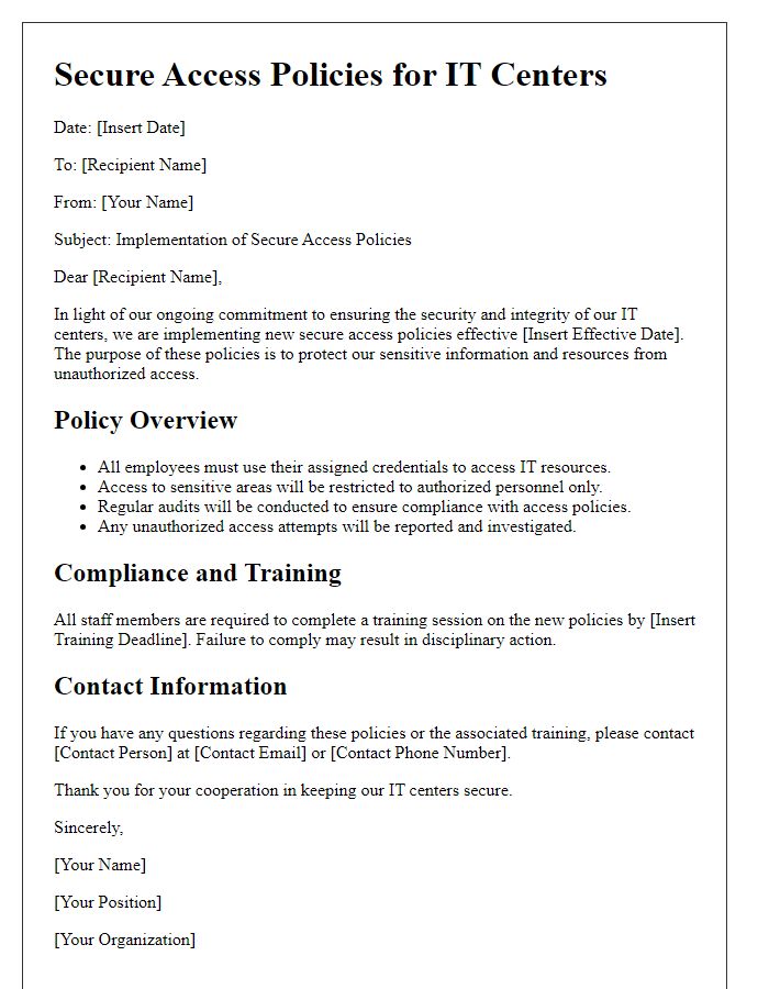 Letter template of secure access policies for IT centers