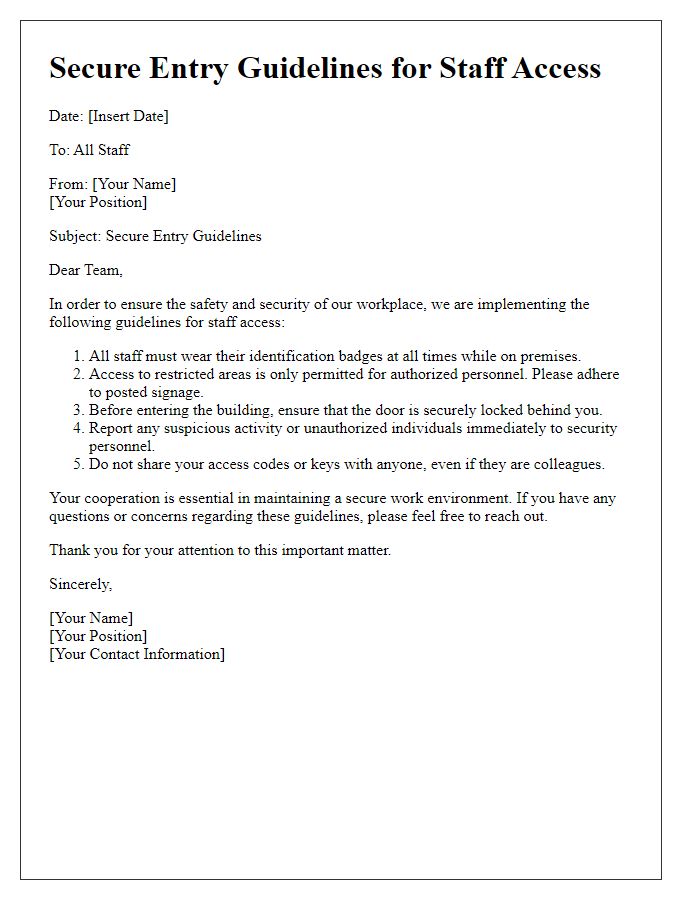 Letter template of secure entry guidelines for staff access