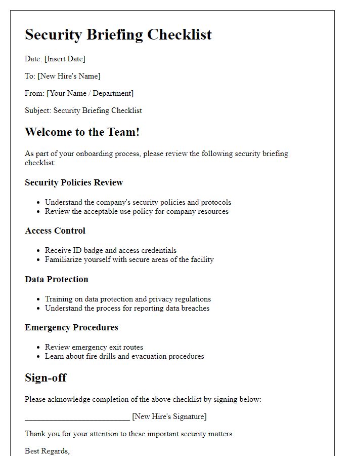 Letter template of security briefing checklist for new hires