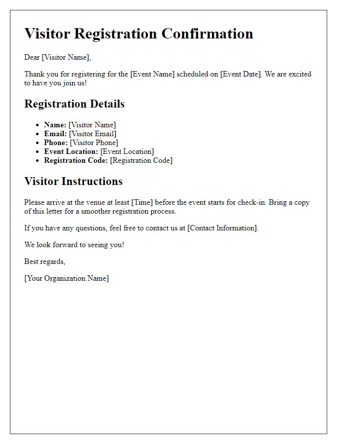 Letter template of visitor registration process for events