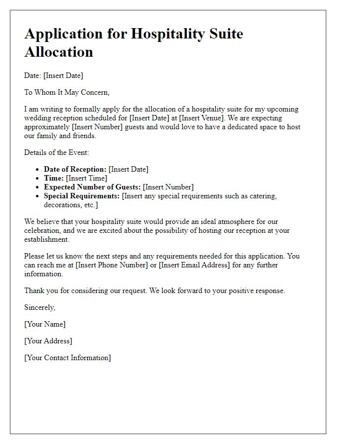 Letter template of application for hospitality suite allocation for wedding reception.