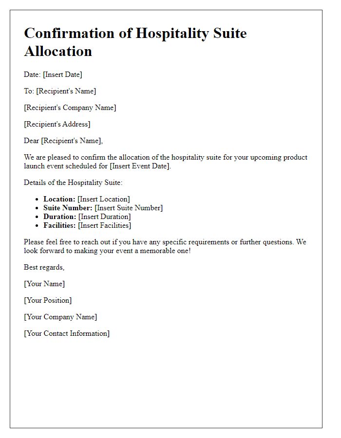 Letter template of confirmation for hospitality suite allocation for product launch.