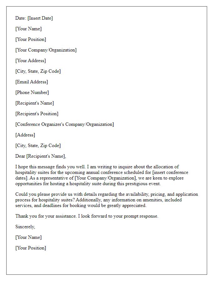 Letter template of inquiry about hospitality suite allocation for annual conference.