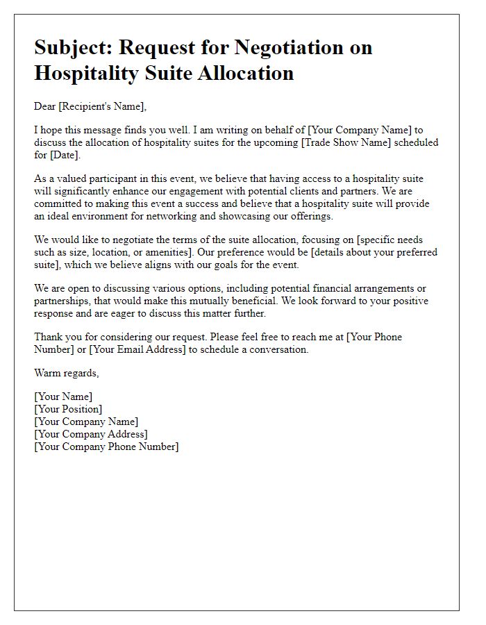 Letter template of negotiation for hospitality suite allocation for trade show.