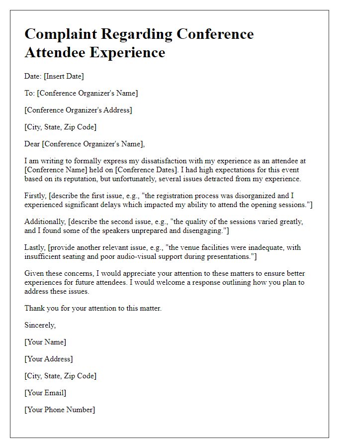 Letter template of complaint related to conference attendee experience.