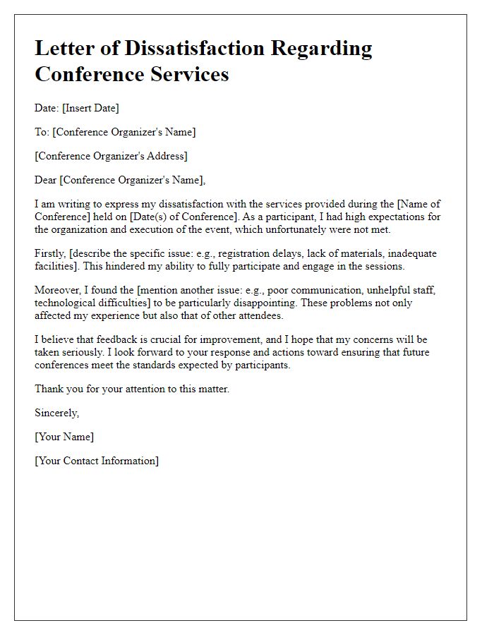 Letter template of dissatisfaction regarding conference services.