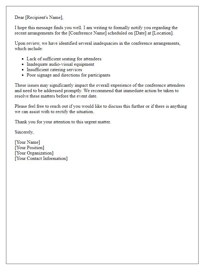 Letter template of notification about inadequate conference arrangements.