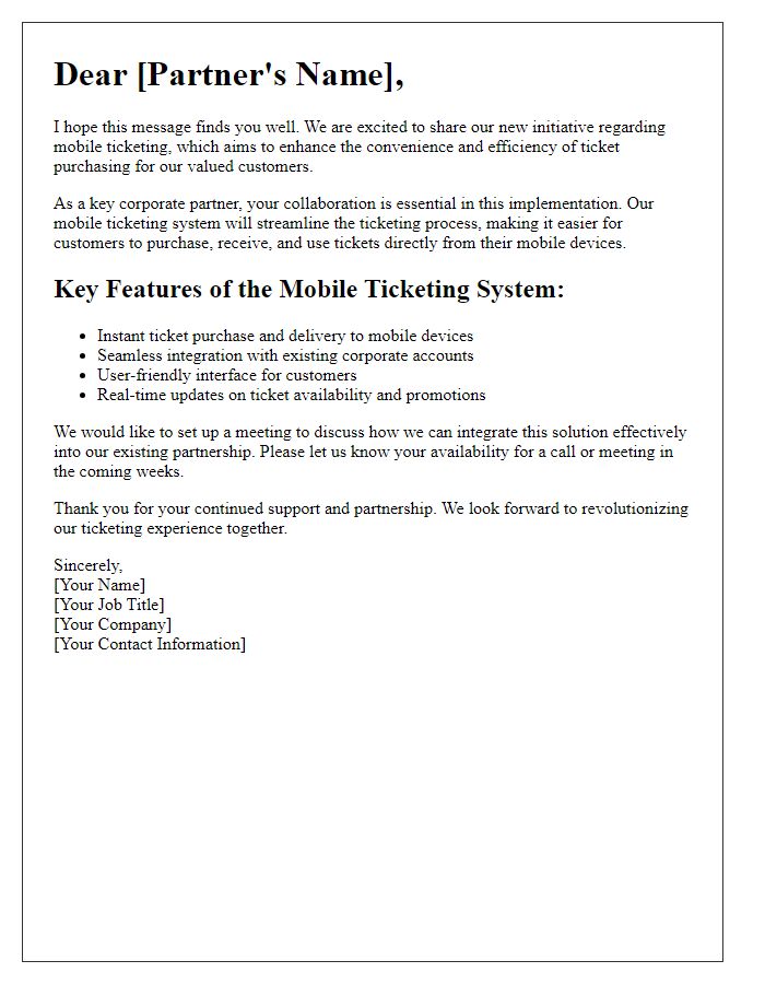 Letter template of mobile ticketing implementation for corporate partners.