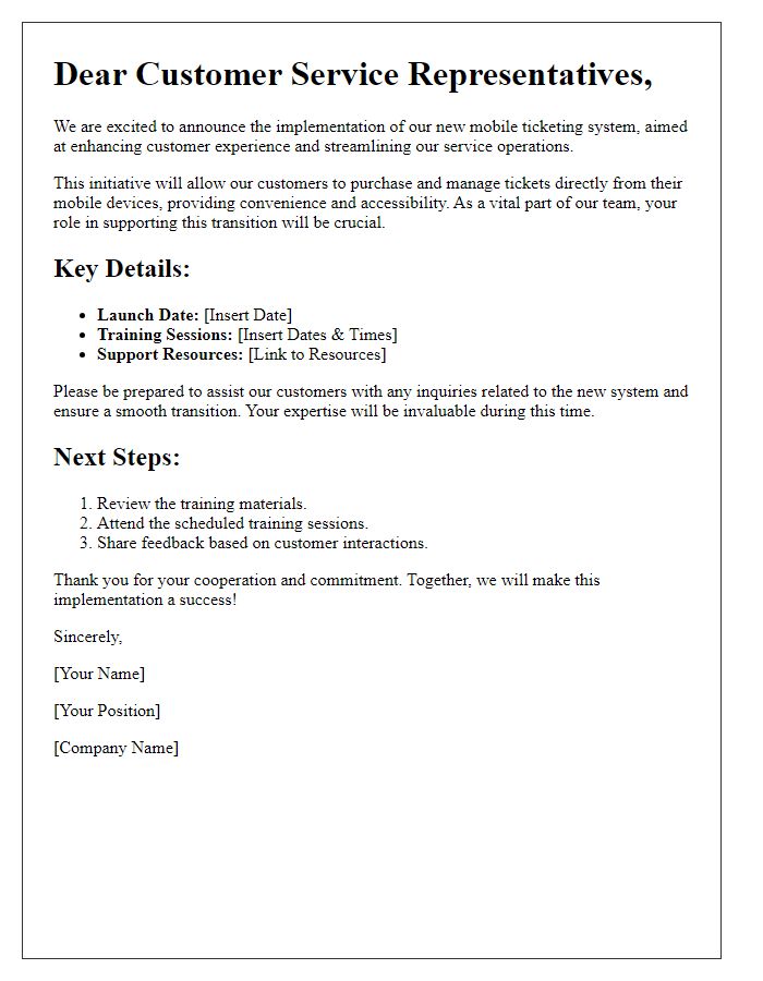 Letter template of mobile ticketing implementation for customer service representatives.