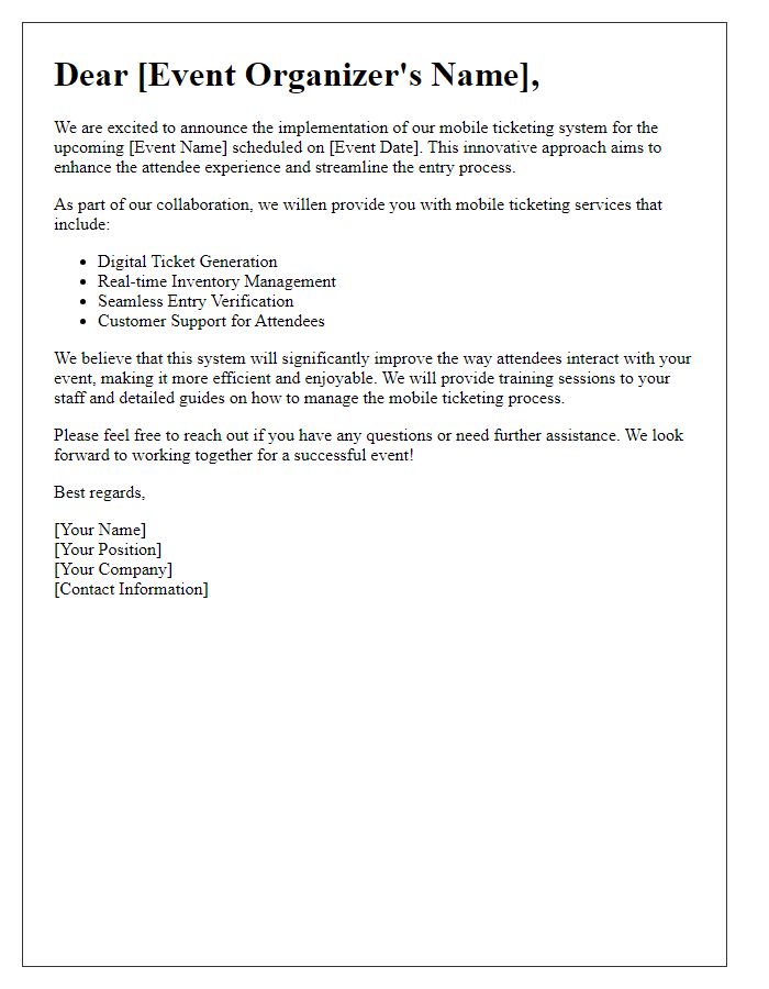 Letter template of mobile ticketing implementation for event organizers.