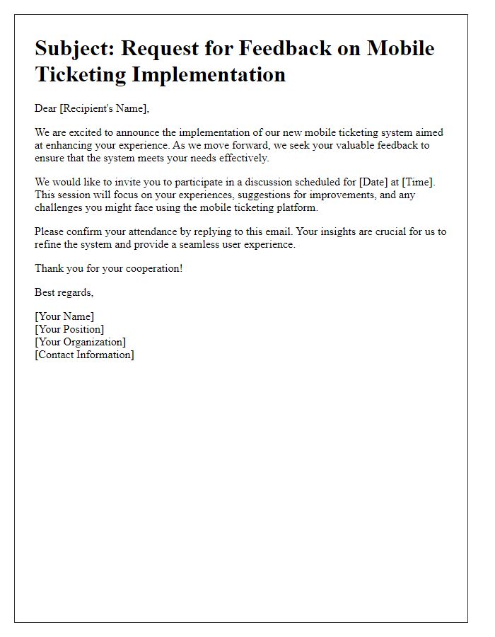 Letter template of mobile ticketing implementation for feedback and improvement discussion.