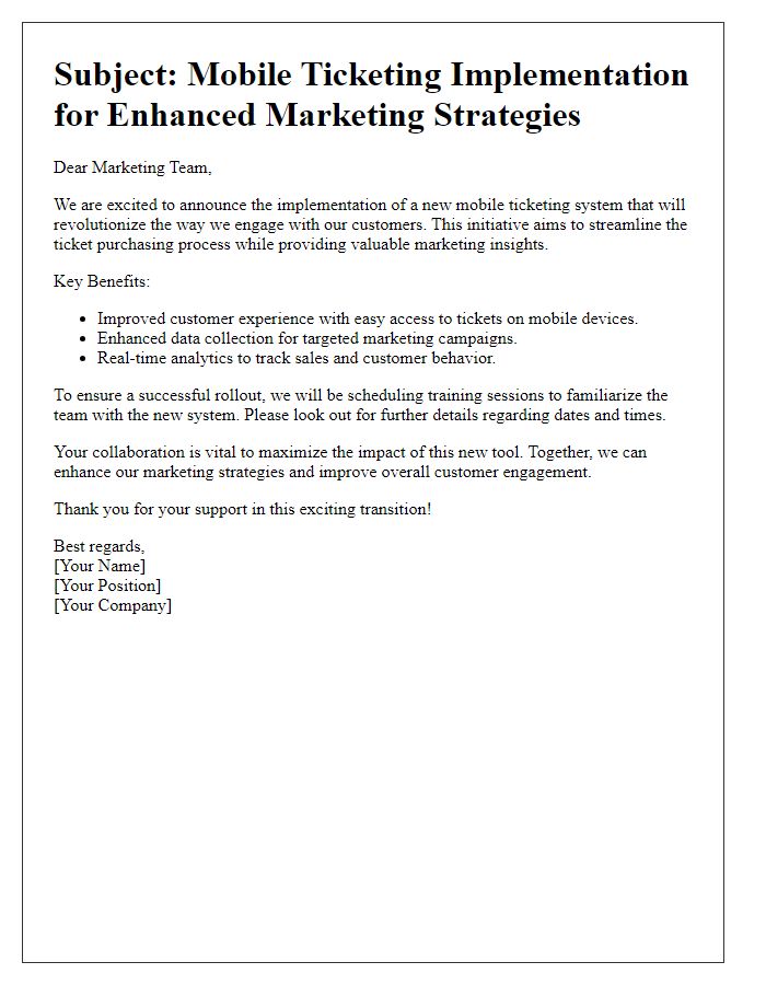 Letter template of mobile ticketing implementation for marketing teams.