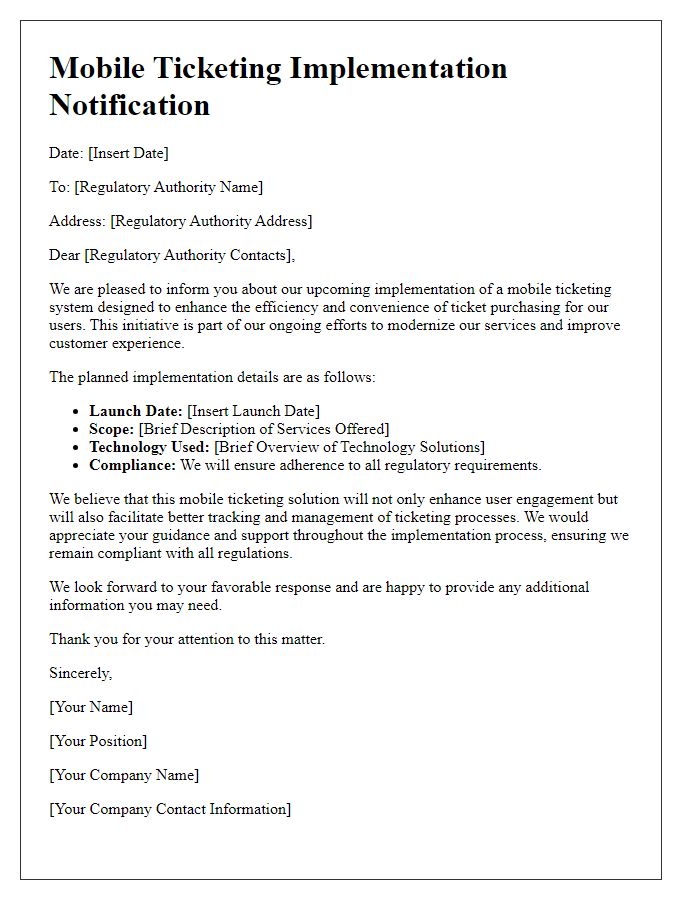 Letter template of mobile ticketing implementation for regulatory authorities.