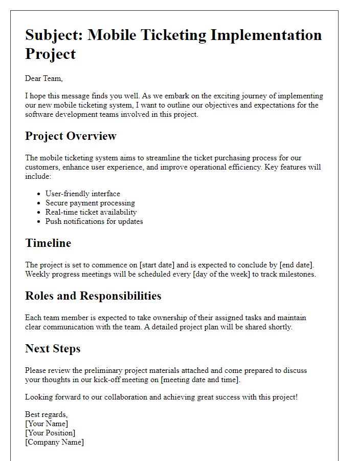 Letter template of mobile ticketing implementation for software development teams.