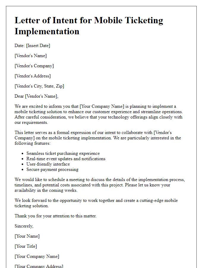 Letter template of mobile ticketing implementation for technology vendors.