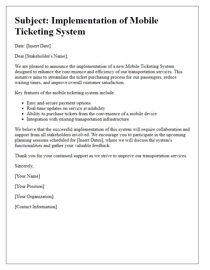 Letter template of mobile ticketing implementation for transportation sector stakeholders.