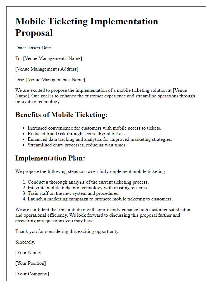 Letter template of mobile ticketing implementation for venue management.