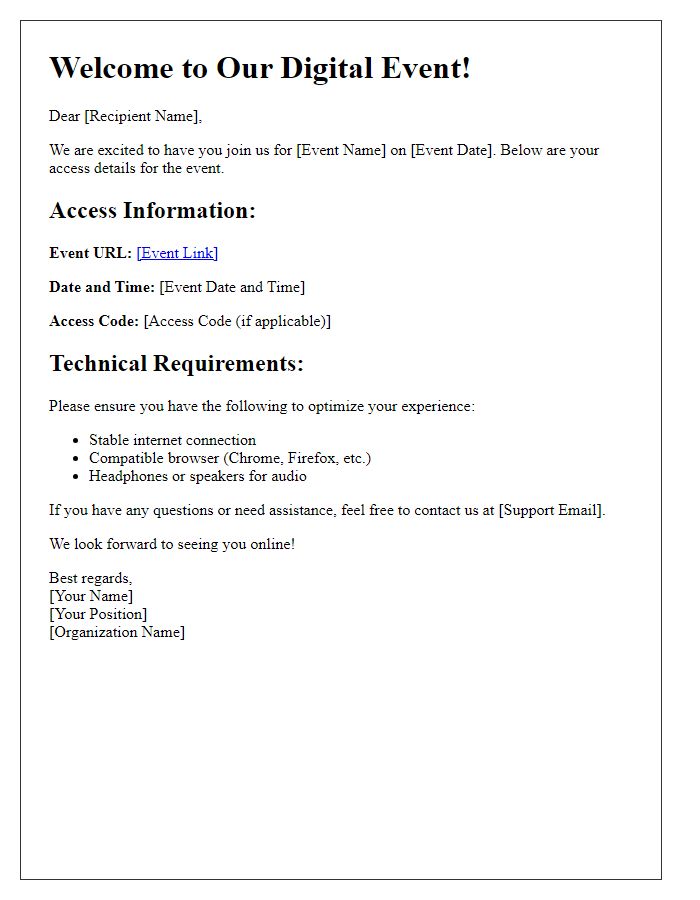 Letter template of digital event platform access details