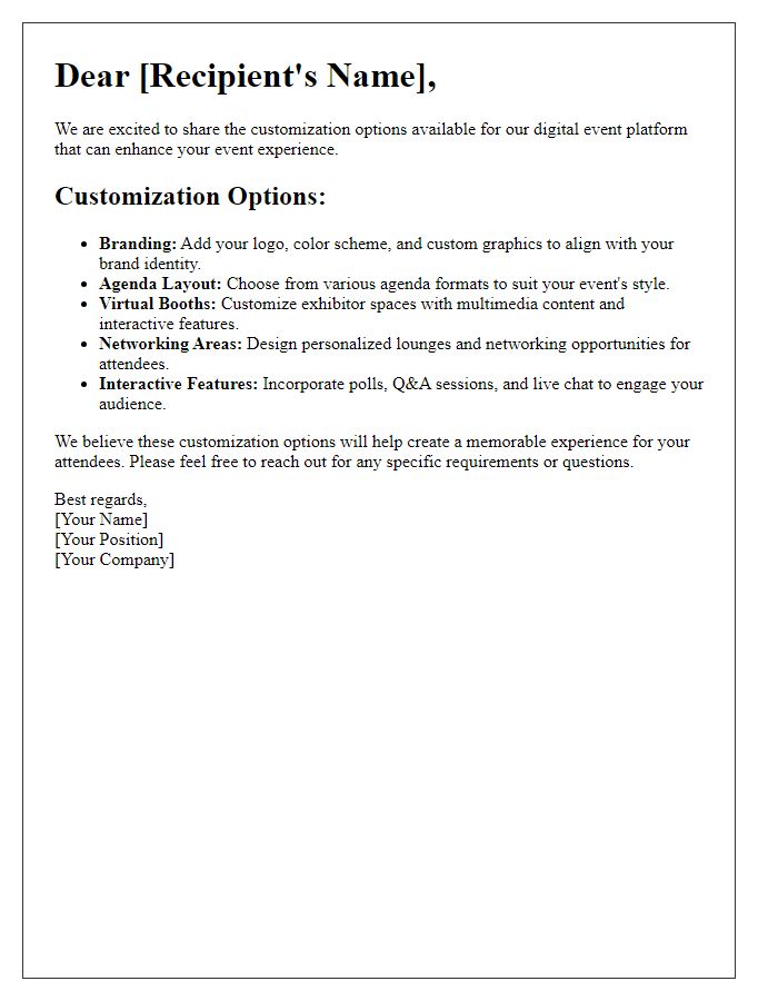 Letter template of digital event platform customization options
