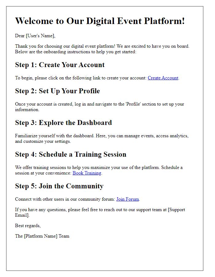 Letter template of digital event platform onboarding instructions