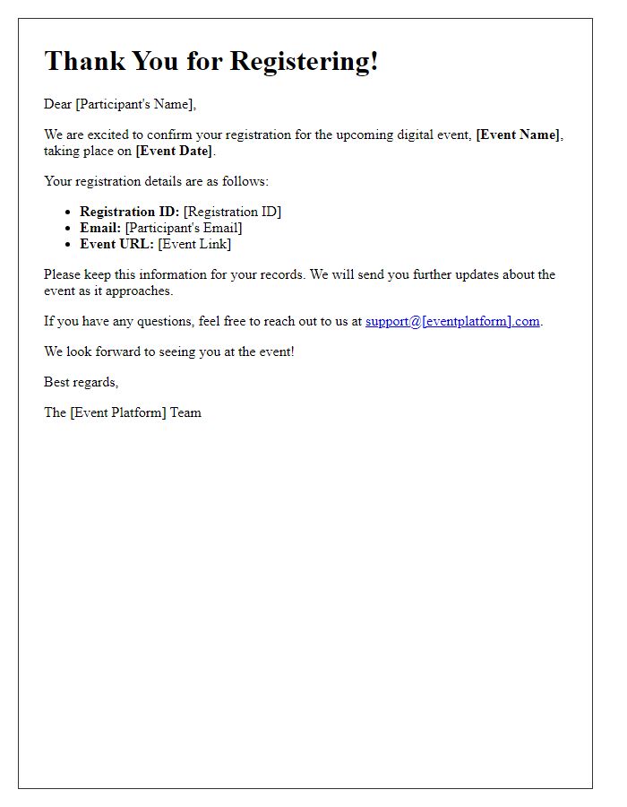 Letter template of digital event platform registration process