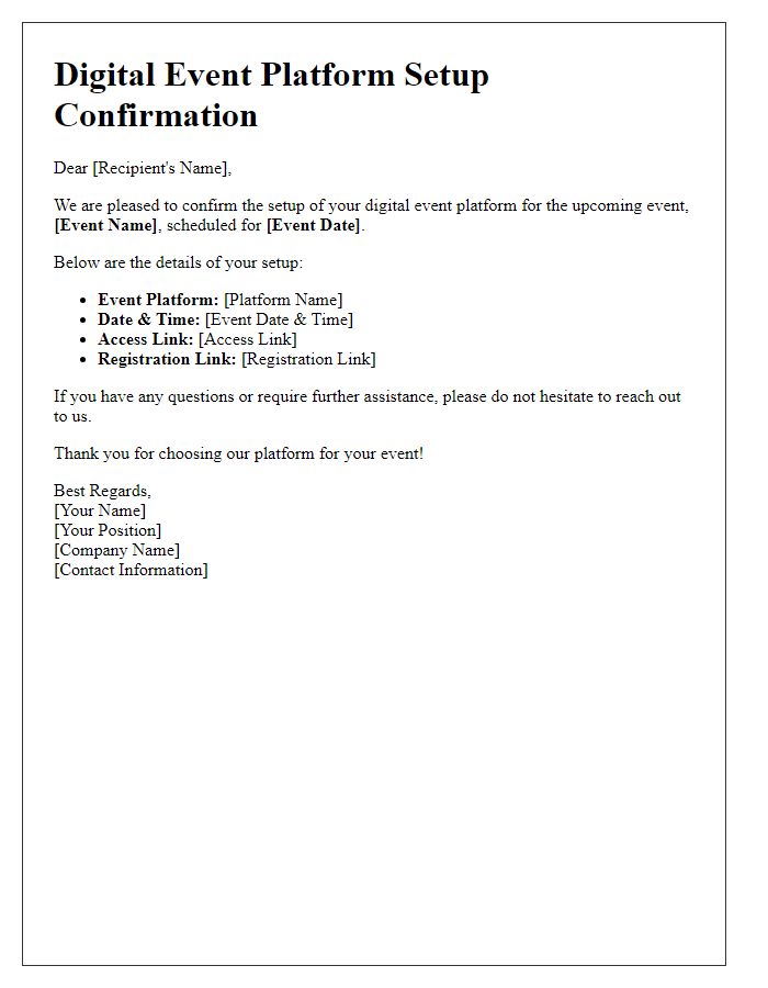 Letter template of digital event platform setup confirmation