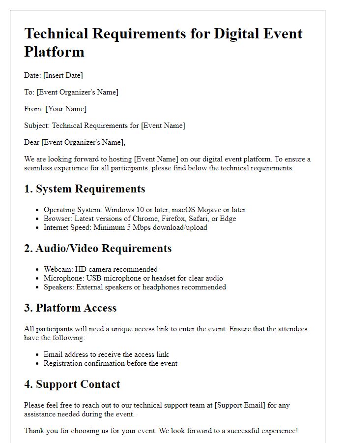 Letter template of digital event platform technical requirements