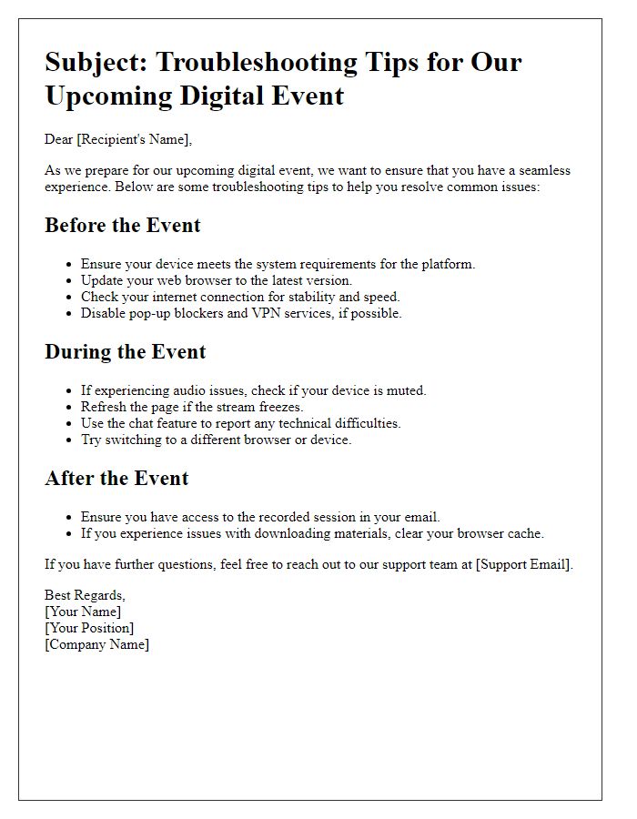 Letter template of digital event platform troubleshooting tips