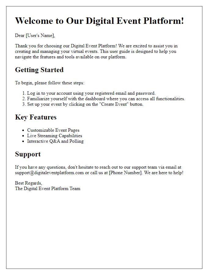 Letter template of digital event platform user guide